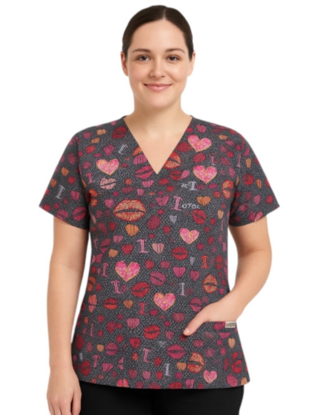 UA Scrubs Medium Whimsical Top V-Neck Side Slits Double and Single Pockets
